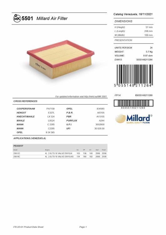 Filtro de Aire Millard MK-5501 Peugeot 206 2006 / 2008 - Vista 2