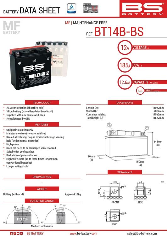 Batería para Moto BS MF BT14B-BS FJR1300 XVS1100 FZ1 - Vista 2